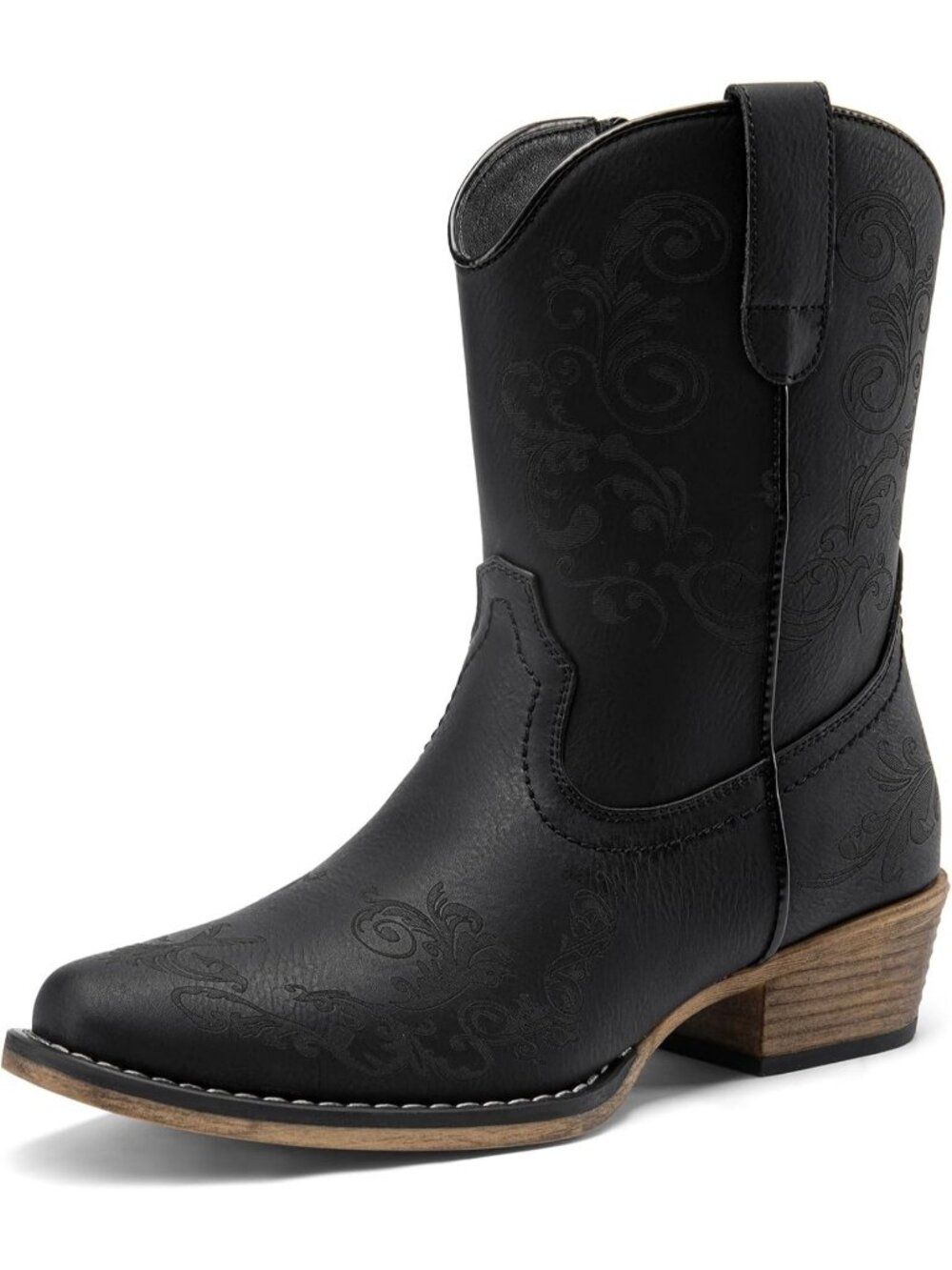 Women's Black Patent Pull On Low Chunky Heel Square Toe Cowgirl Boot Shoes